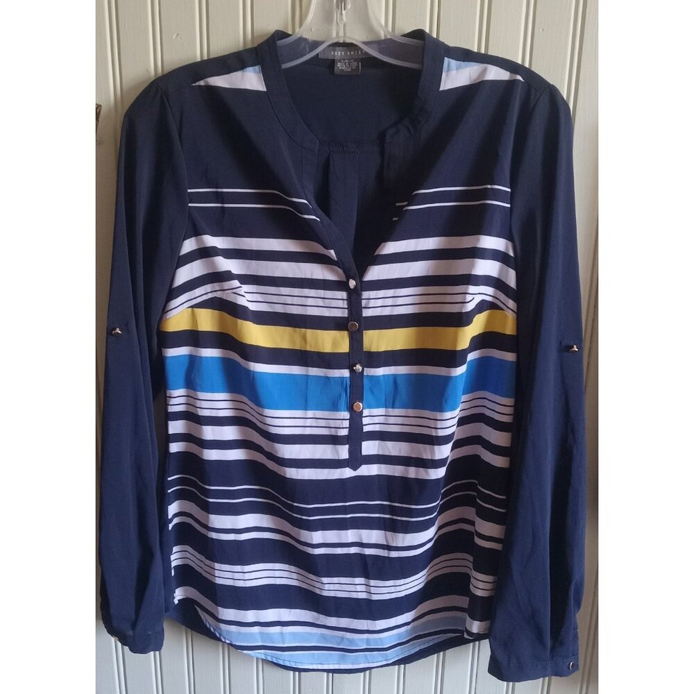 Suzy Shier Half Button Blue Striped Long Sleeve Sweater Women’s Size S